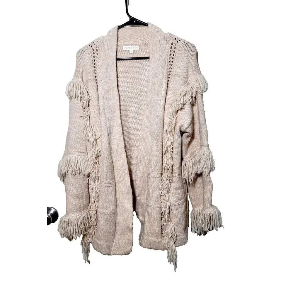 Cloud Ten Open Cardigan Sz M Fringe Boho Wool Blend Mori Western Cowgirl Chunky